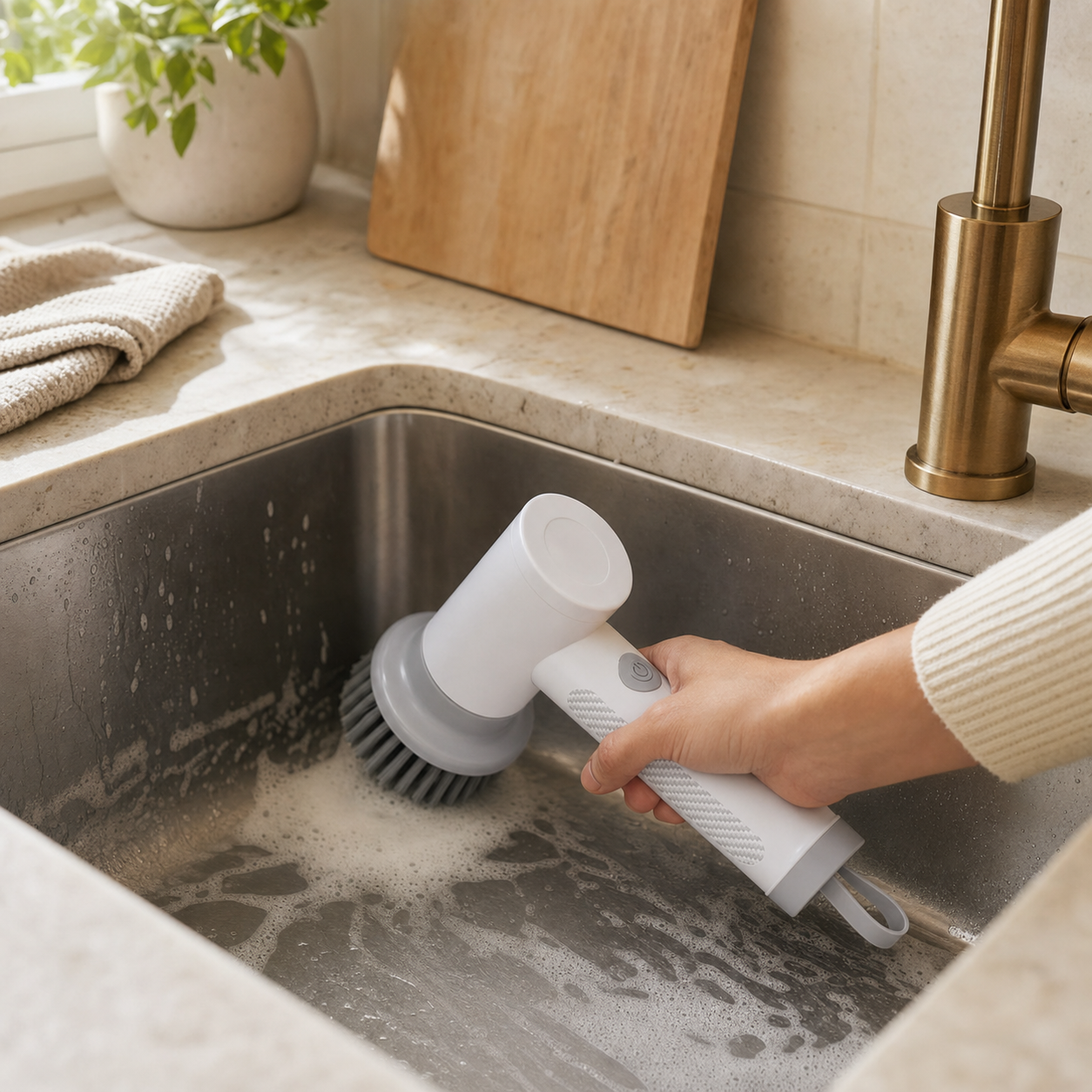 Cordless spin scrubber cleaning a kitchen sink