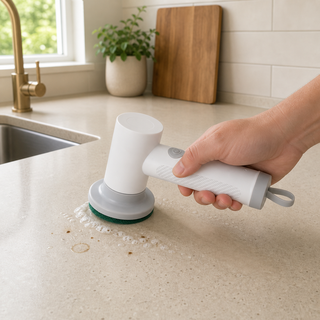 Compact white cordless spin scrubber, 4.5 × 7.1 in