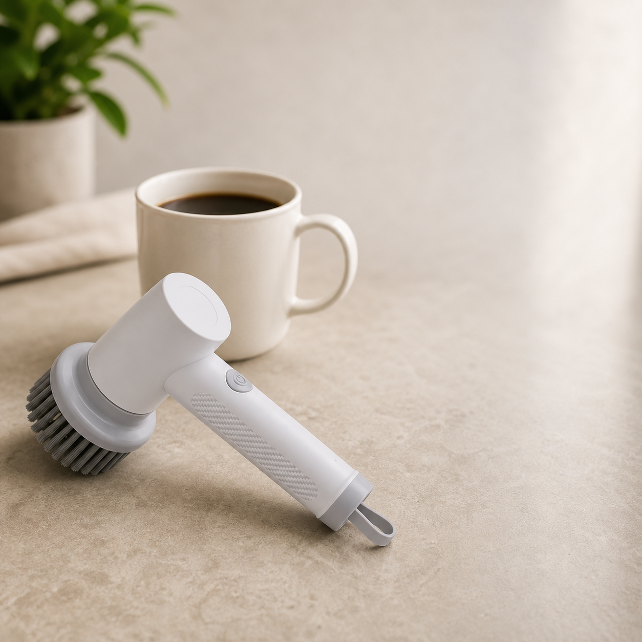 Compact cordless spin scrubber next to a coffee mug for scale